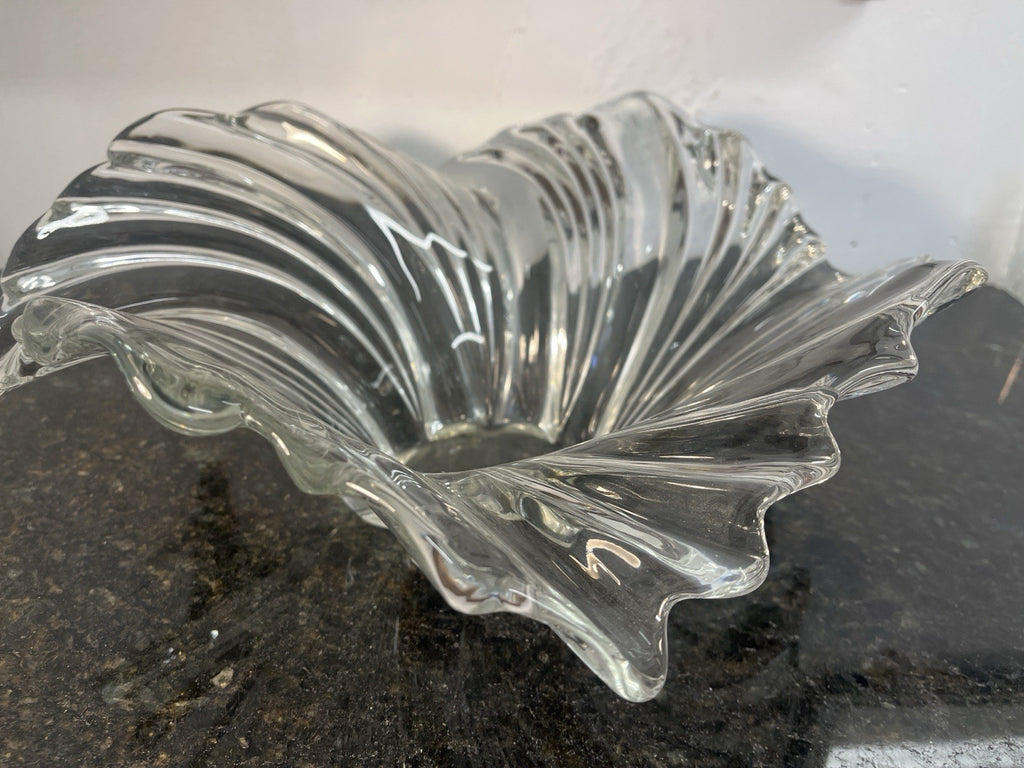 Sculptural Art Glass Bowl Clear Ribbed Centrepiece Mikasa Style