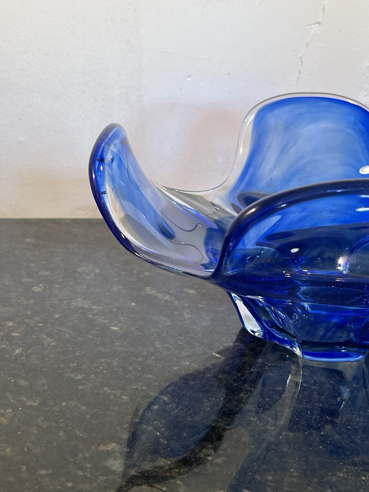 Vintage Czech Chřibská Style Hand Blown Blue Cased Art Glass Freeform Bowl