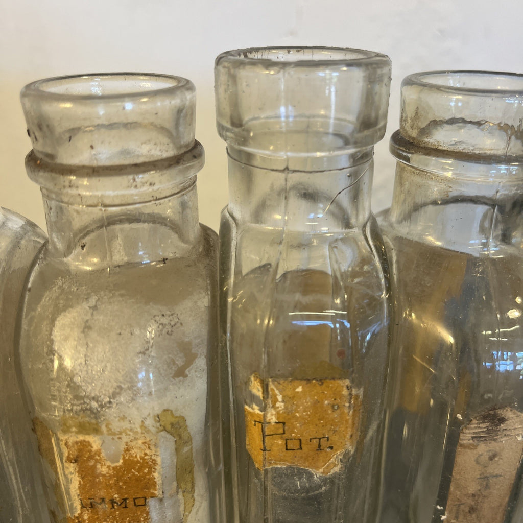 Antique Chemist Bottles Apothecary Pharmacy Labels Glass Set of 8 B.P.