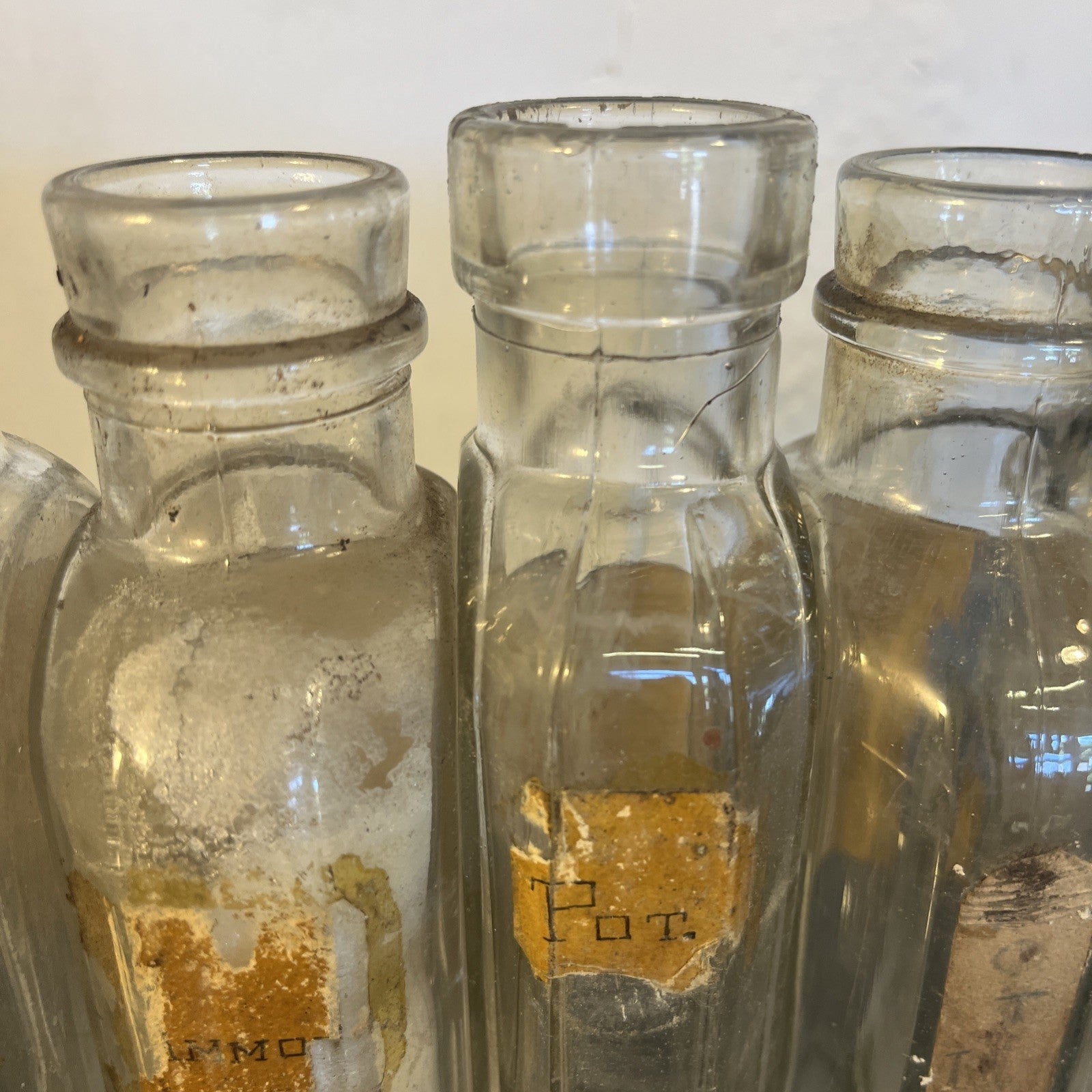 Antique Chemist Bottles Apothecary Pharmacy Labels Glass Set of 8 B.P.