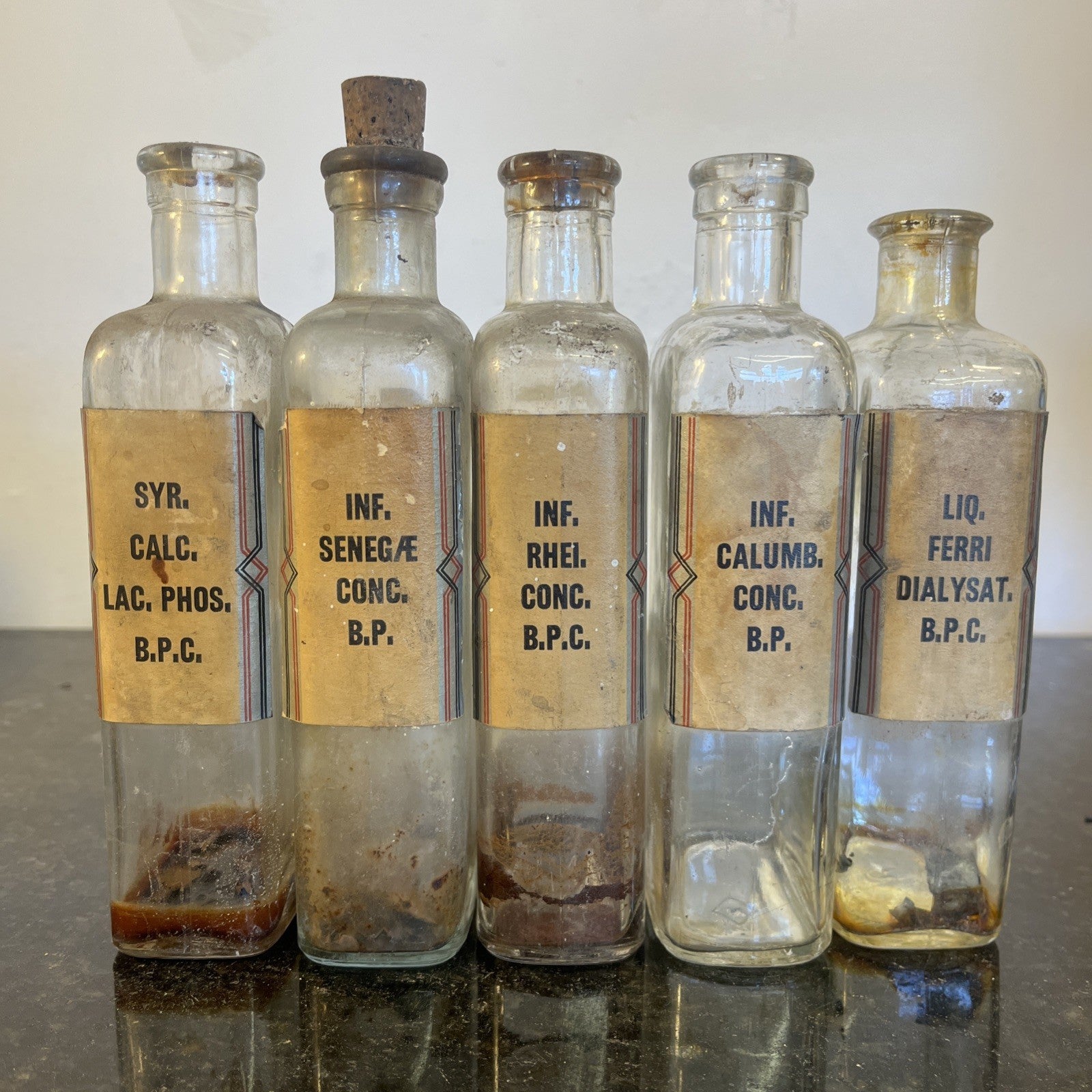 Antique Chemist Bottles Apothecary Pharmacy Labels Glass Set of 4 B.P.