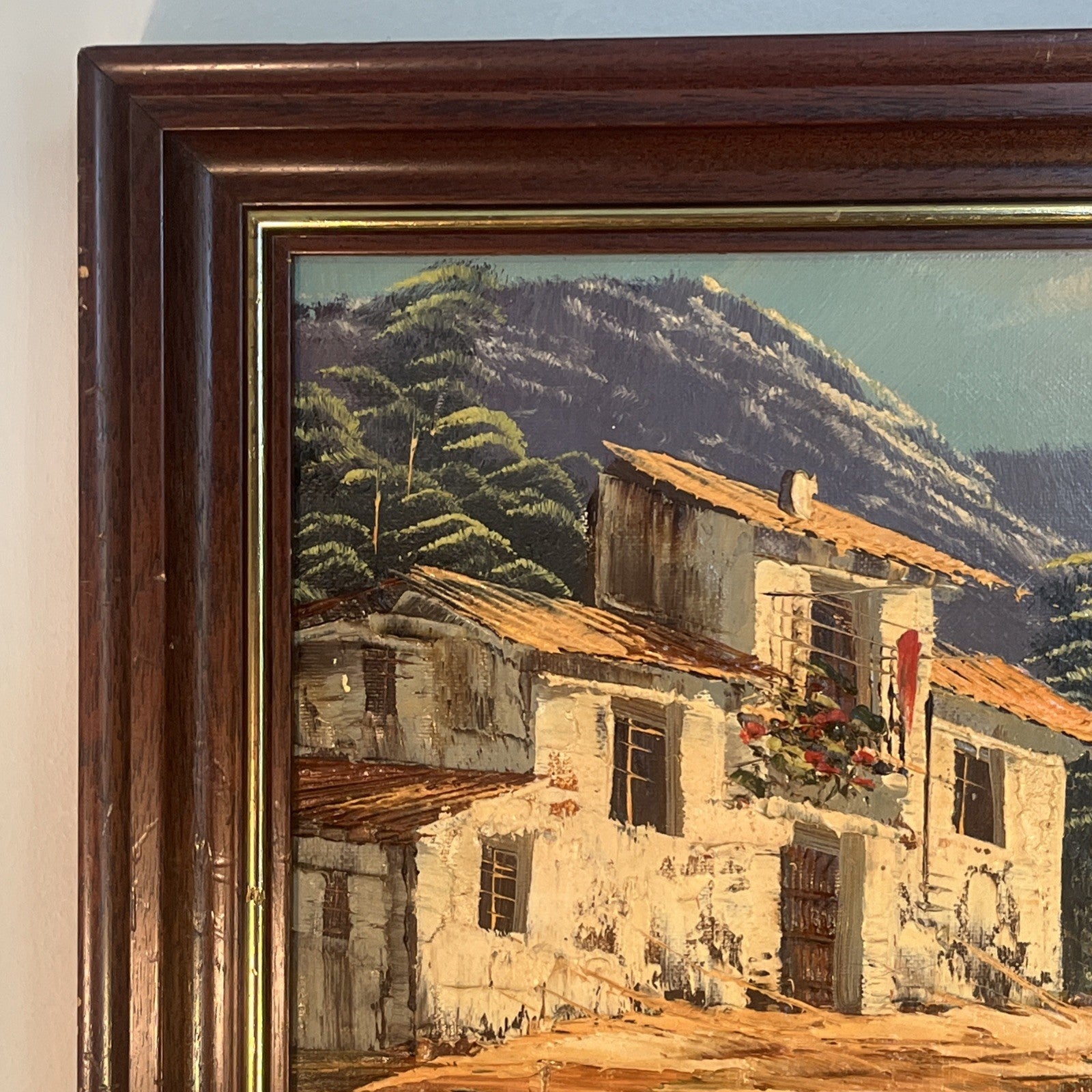 Spanish Village Oil Painting Signed Camps Framed Mountain Bridge Scene