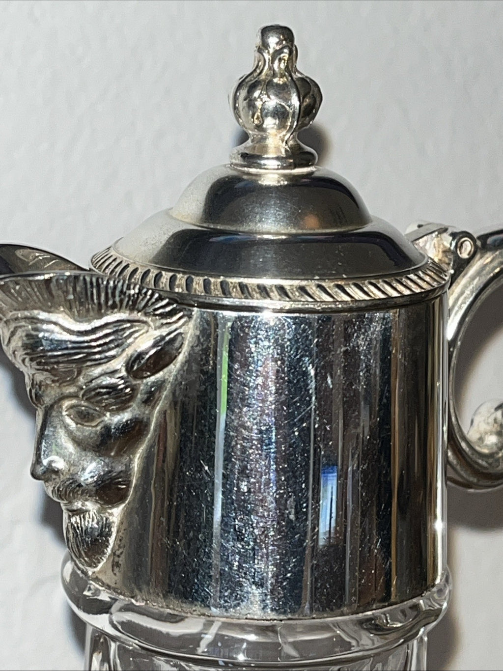 Falstaff Claret Jug Cut Crystal Silver Plated Figural Mask Spout