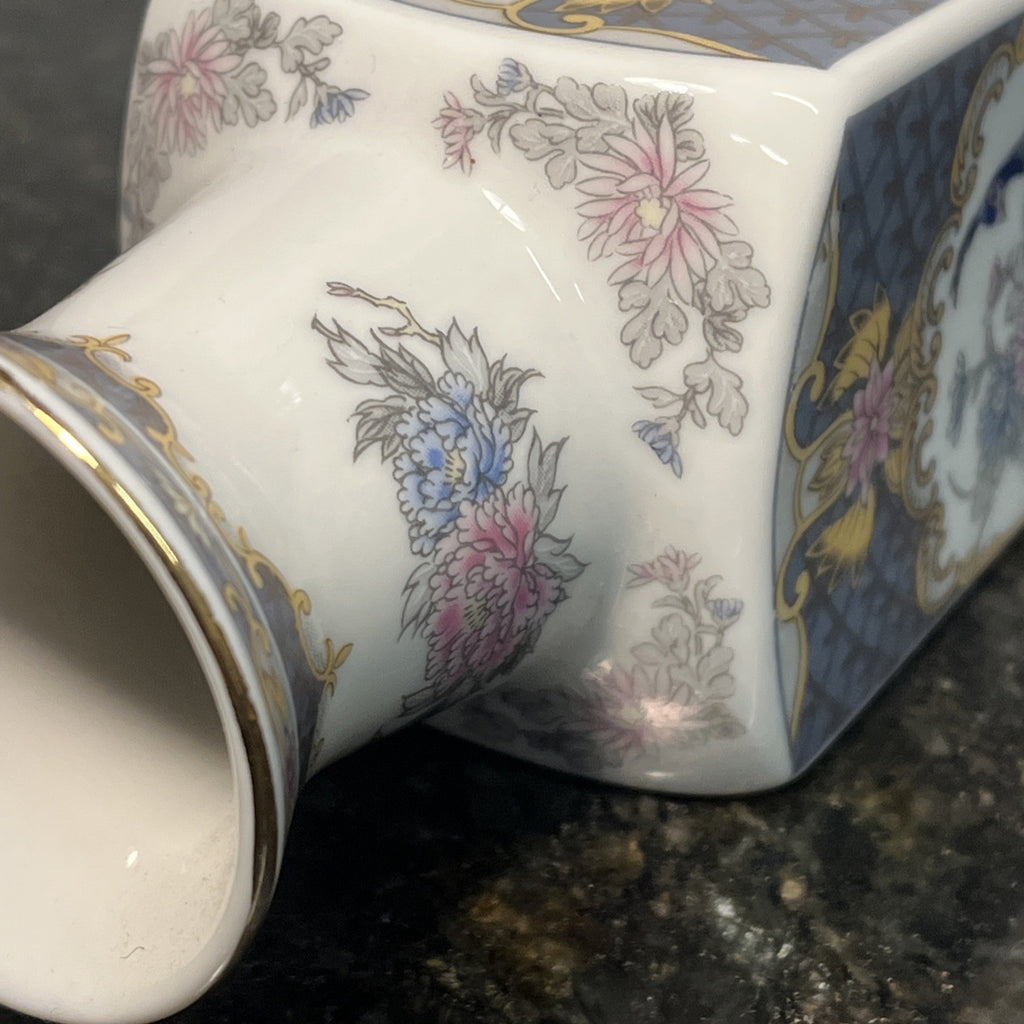 Japanese Peacock Decorative Porcelain Square Vase Blue Gold Floral 20th Century