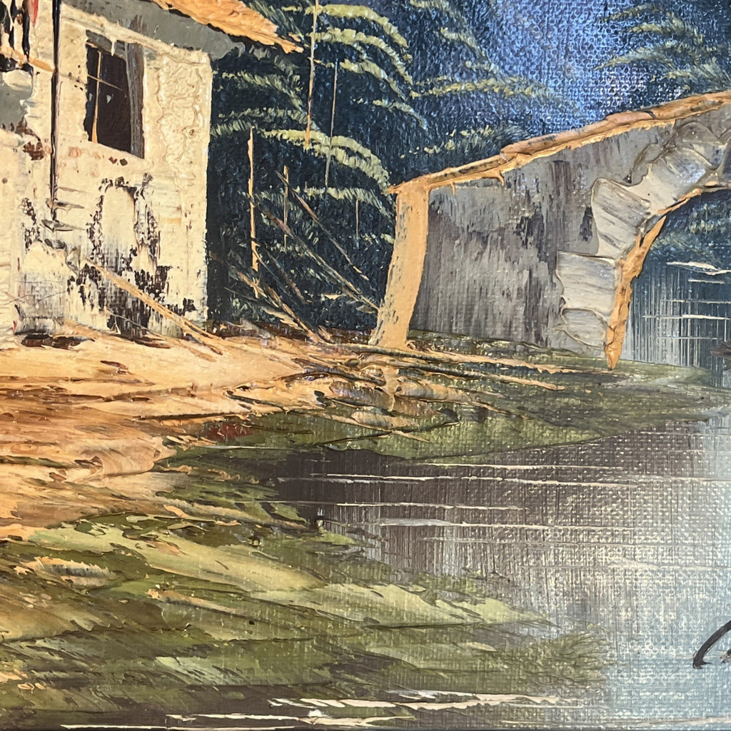 Spanish Village Oil Painting Signed Camps Framed Mountain Bridge Scene