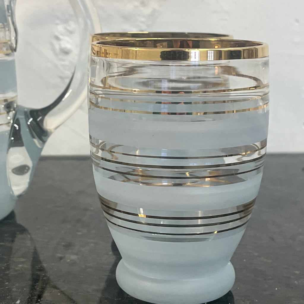 Vintage Mid Century Frosted Glass Jug and 5 Tumblers Gilt Bands
