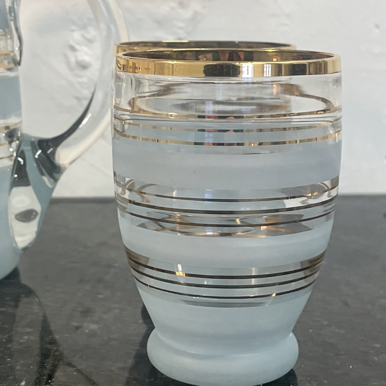 Vintage Mid Century Frosted Glass Jug and 5 Tumblers Gilt Bands