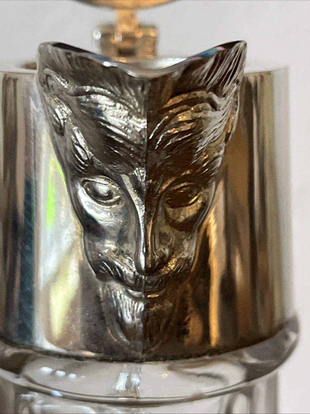 Falstaff Claret Jug Cut Crystal Silver Plated Figural Mask Spout
