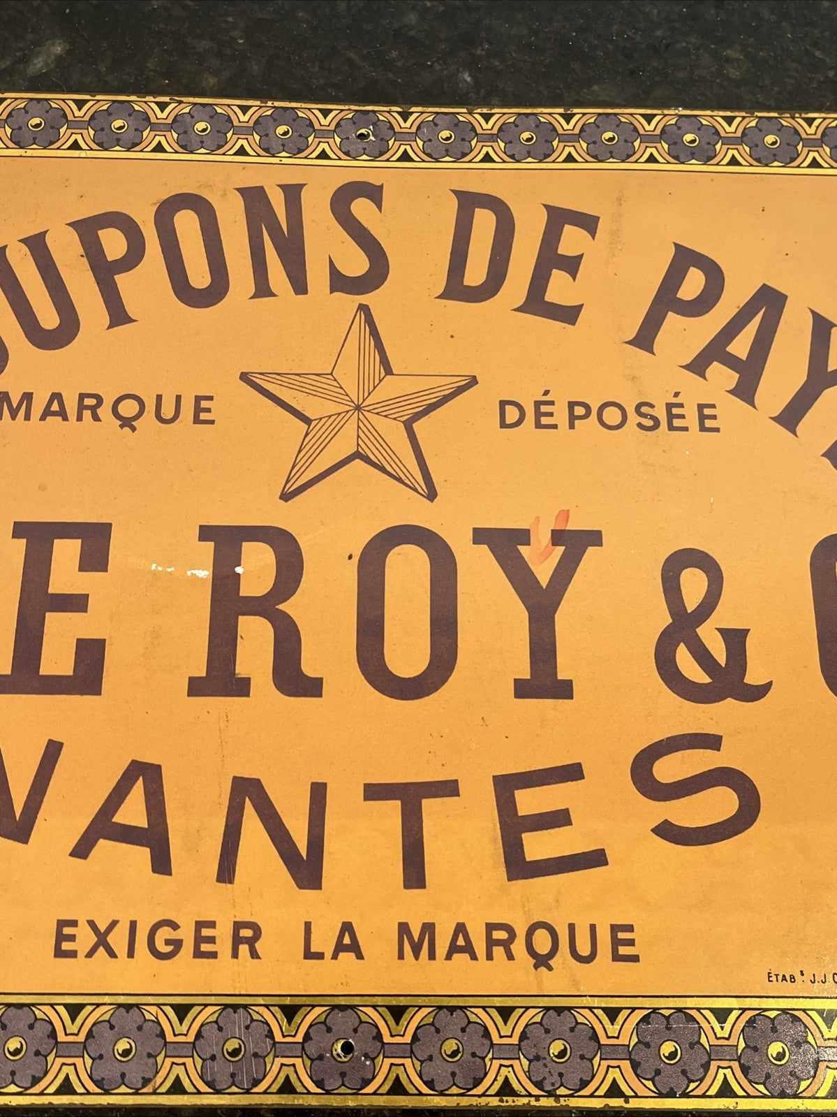 French Tin Advertising Sign F Leroy Nantes Croupons De Pays Leather Plaque