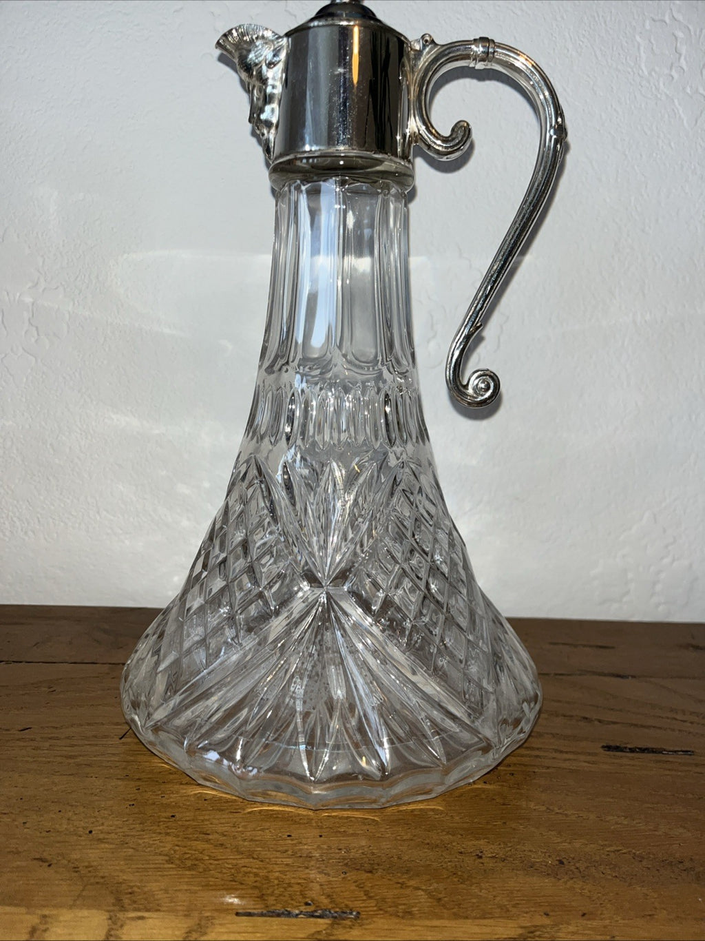 Falstaff Claret Jug Cut Crystal Silver Plated Figural Mask Spout