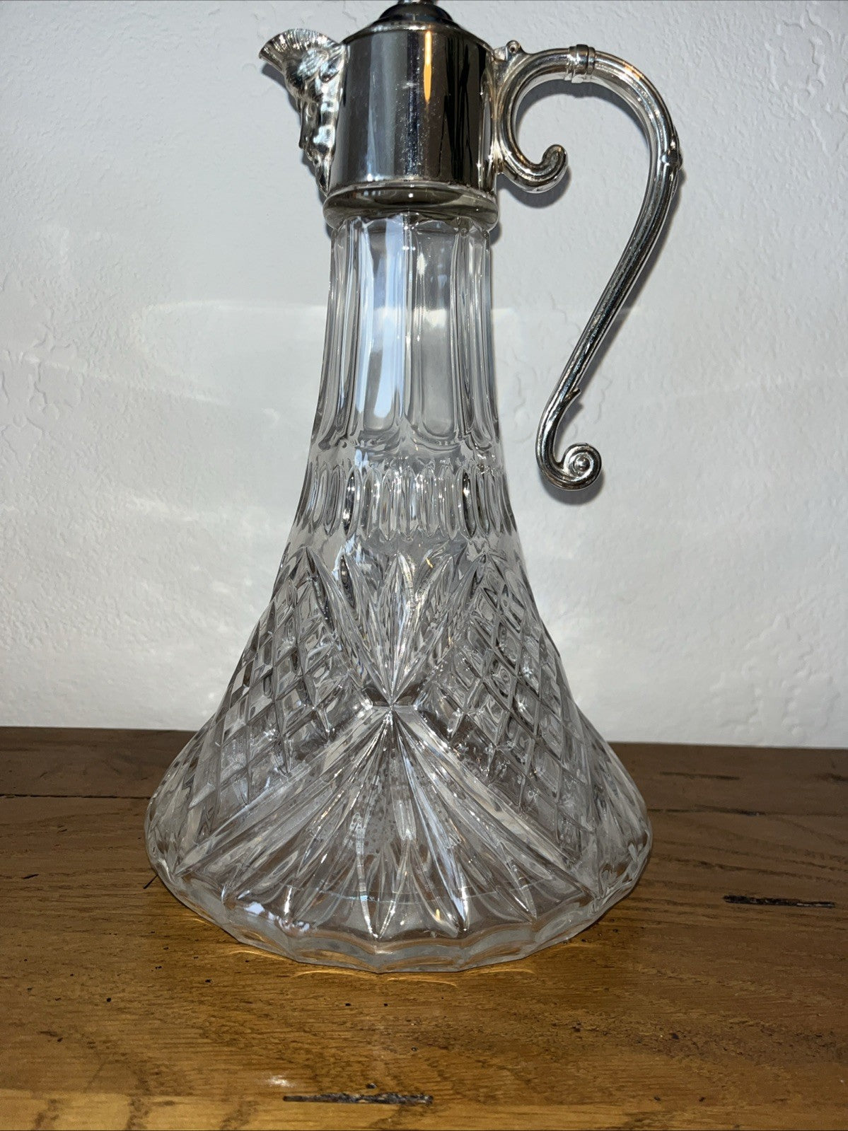 Falstaff Claret Jug Cut Crystal Silver Plated Figural Mask Spout