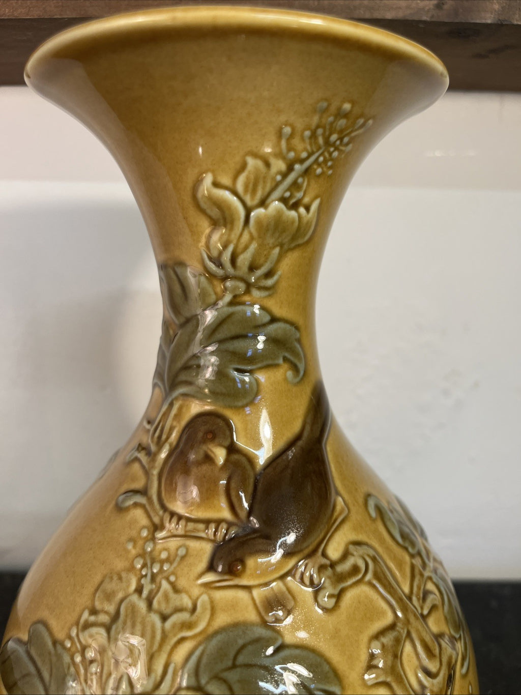Lladro Relief Bird Vase Honey Glaze Spanish Ceramic Floral Foliage