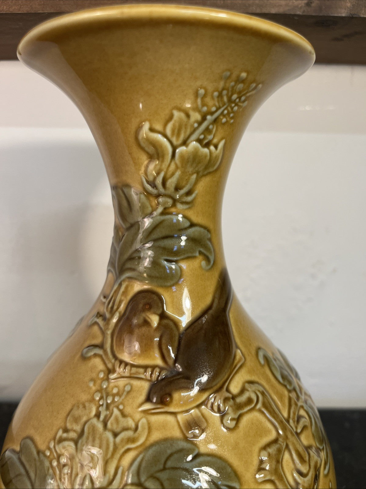 Lladro Relief Bird Vase Honey Glaze Spanish Ceramic Floral Foliage