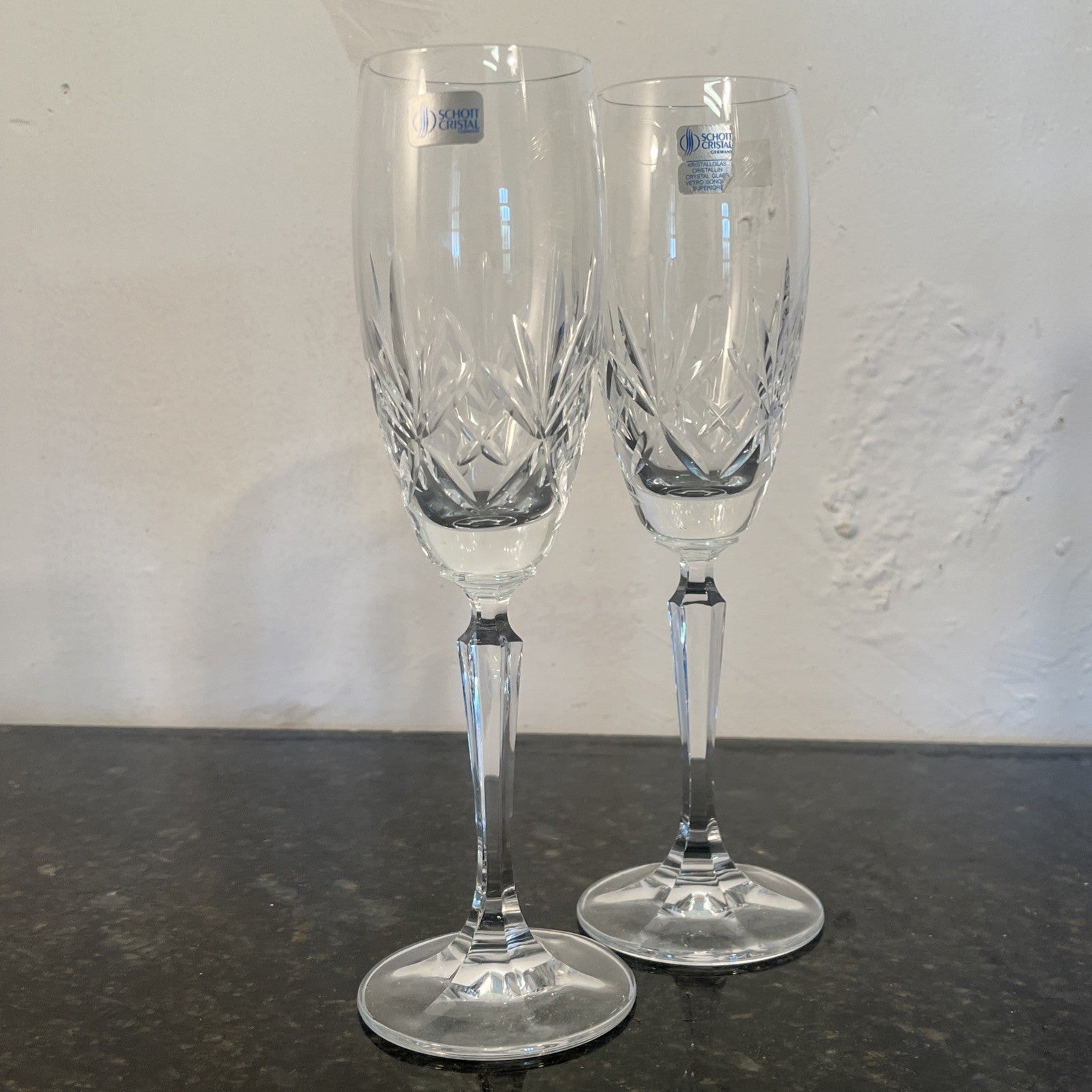 Schott Crystal Champagne Flutes Pair German Cut Crystal Glasses Germany