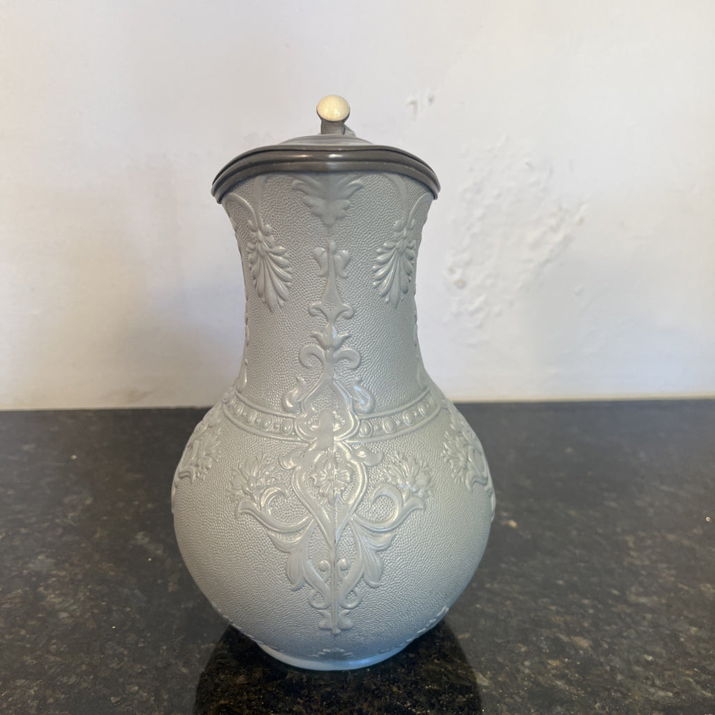 Victorian Stoneware Jug Thompsons Patent Pewter Lid Floral Relief
