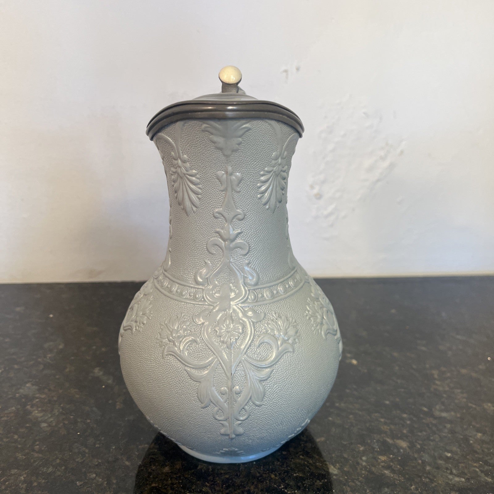 Victorian Stoneware Jug Thompsons Patent Pewter Lid Floral Relief