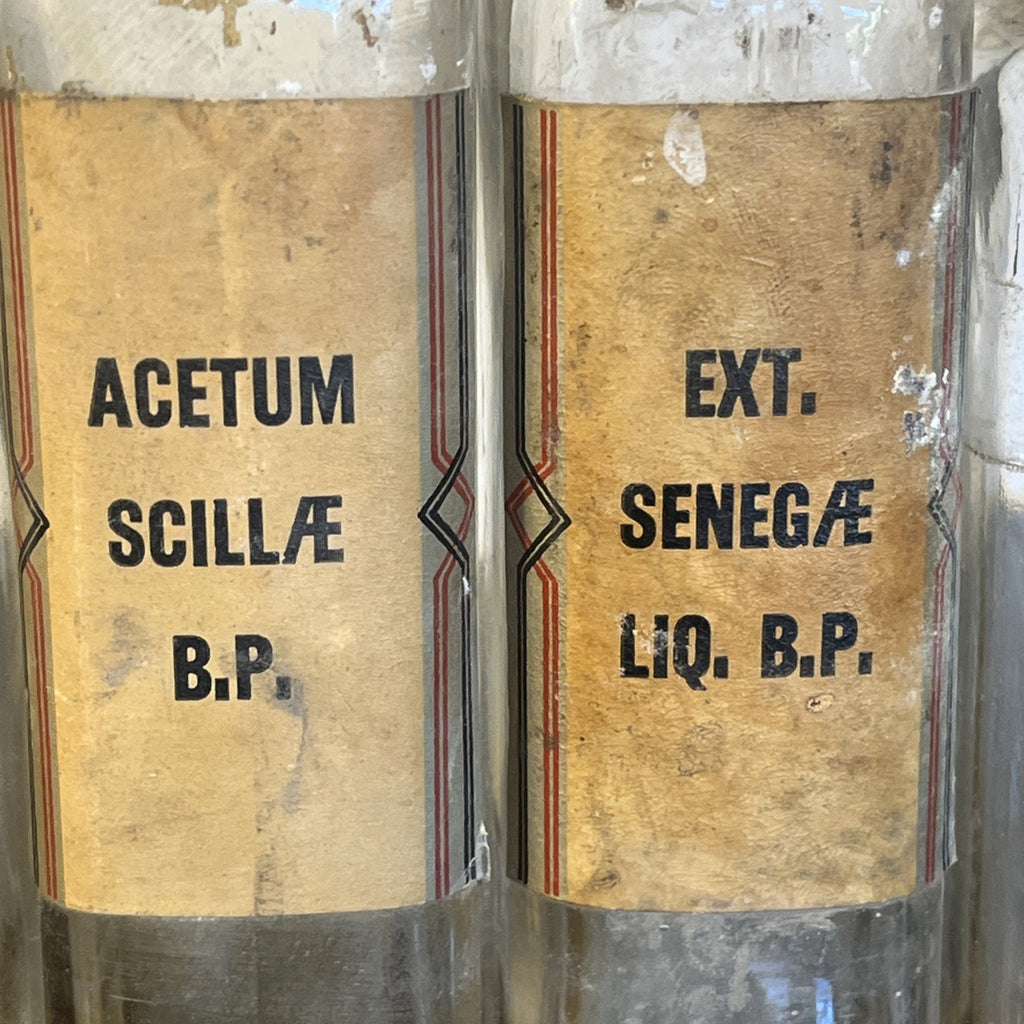Antique Apothecary Bottles Original Pharmacy Labels Glass Chemist Mixed Set of 5
