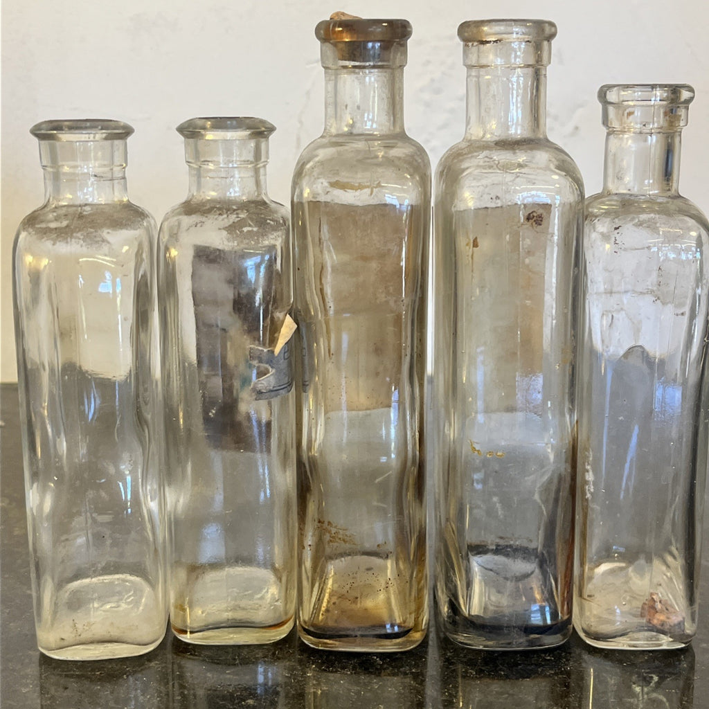 Antique Apothecary Bottles Original Pharmacy Labels Glass Chemist Mixed Set of 5