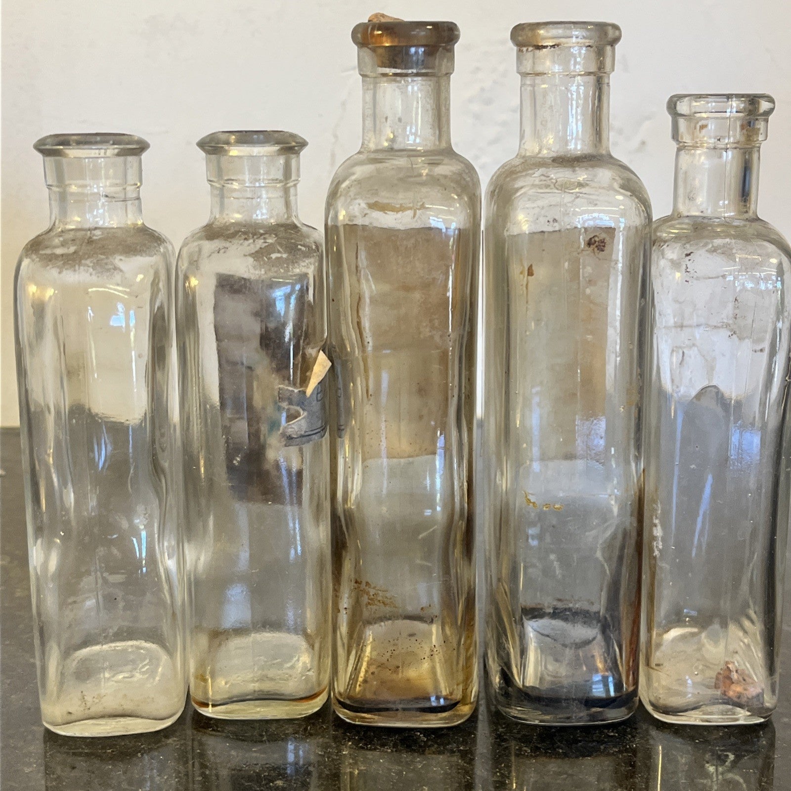 Antique Apothecary Bottles Original Pharmacy Labels Glass Chemist Mixed Set of 5