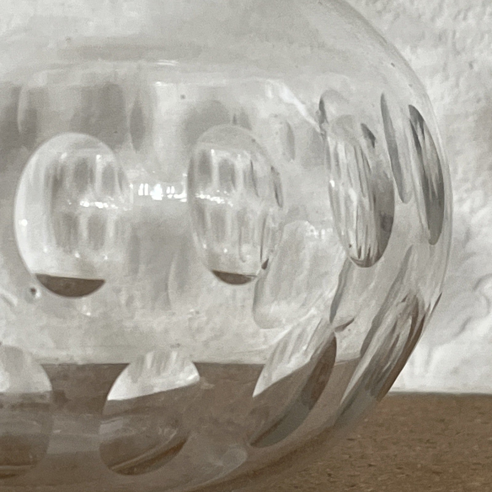 Vintage Cut Glass Decanter Pair Globe Shape Etched Oval Pattern Stoppers