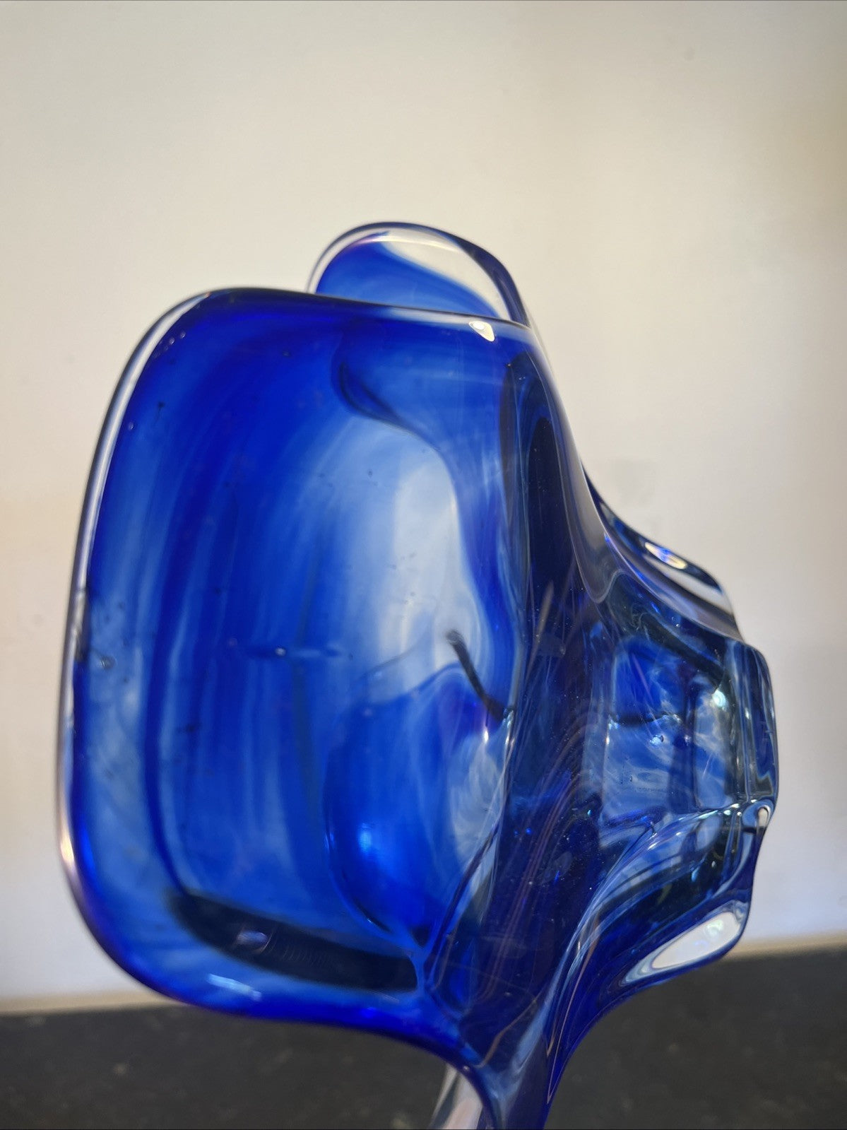 Vintage Czech Chřibská Style Hand Blown Blue Cased Art Glass Freeform Bowl