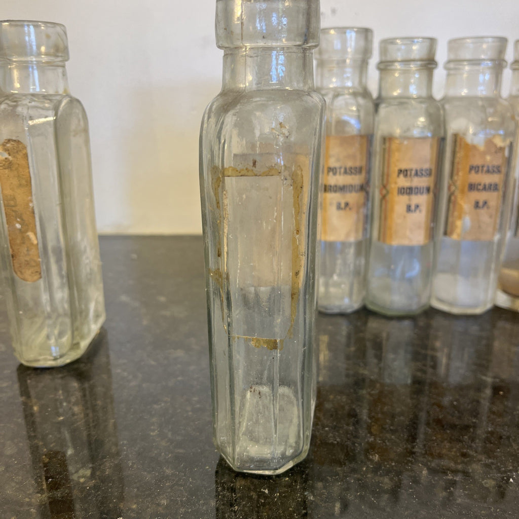 Antique Chemist Bottles Apothecary Pharmacy Labels Glass Set of 8 B.P.