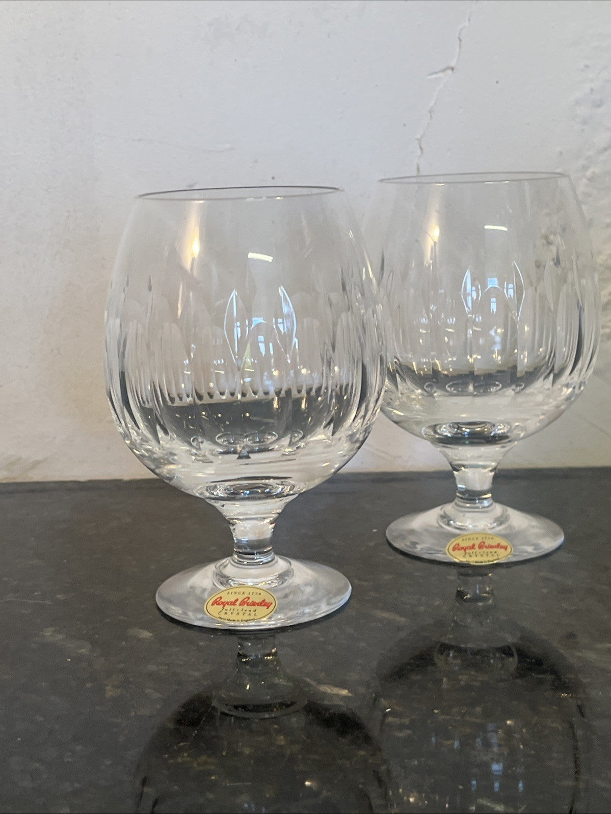 Royal Brierley Opera Crystal Brandy Glasses Boxed Pair Lead Crystal England