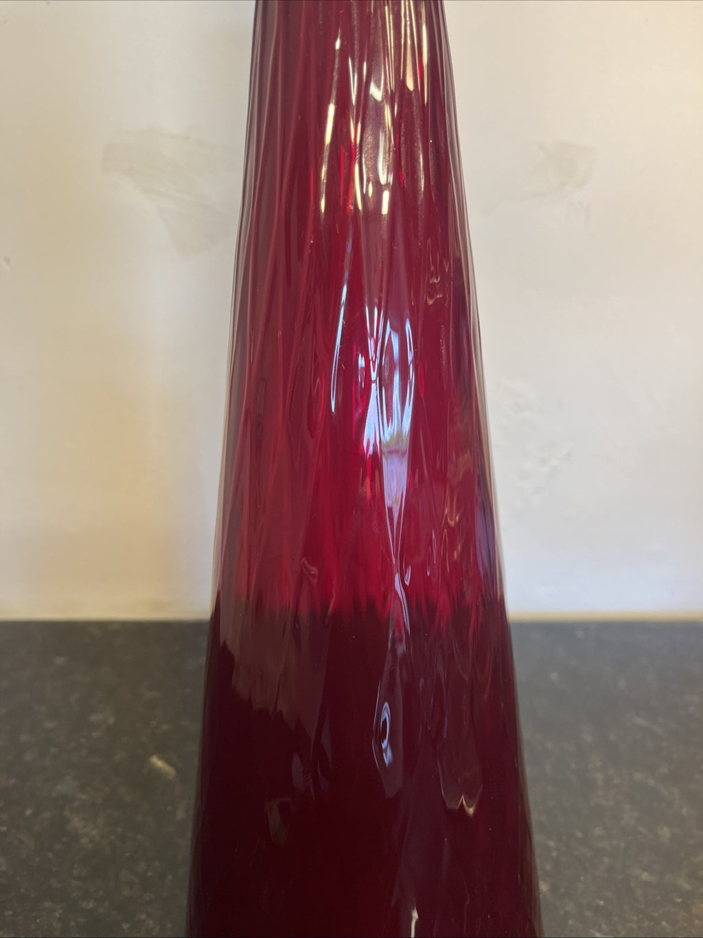 Empoli Ruby Red Genie Bottle Vase Italian Art Glass MCM Ribbed Decanter 46cm