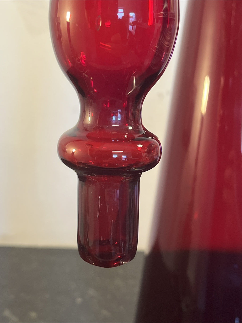 Empoli Ruby Red Genie Bottle Decanter Italian Art Glass MCM With Stopper 74cm