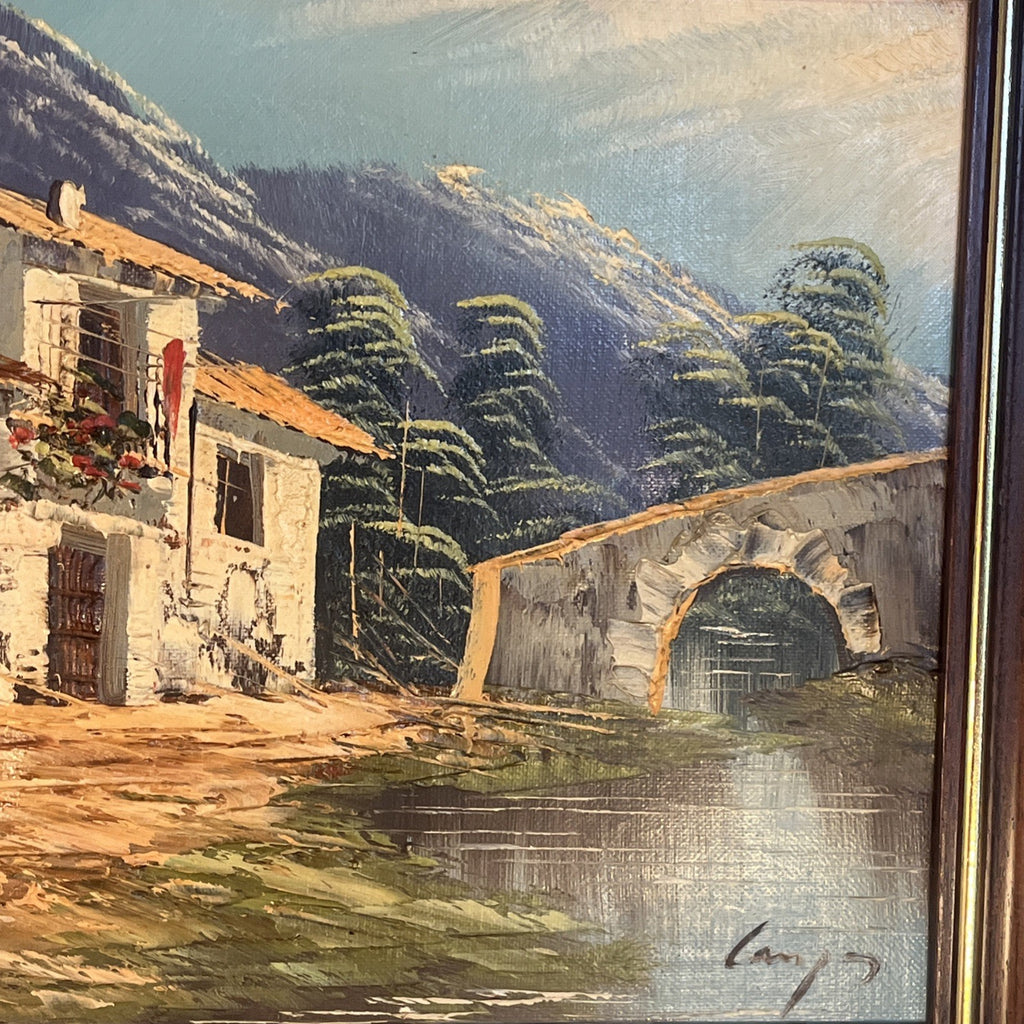Spanish Village Oil Painting Signed Camps Framed Mountain Bridge Scene