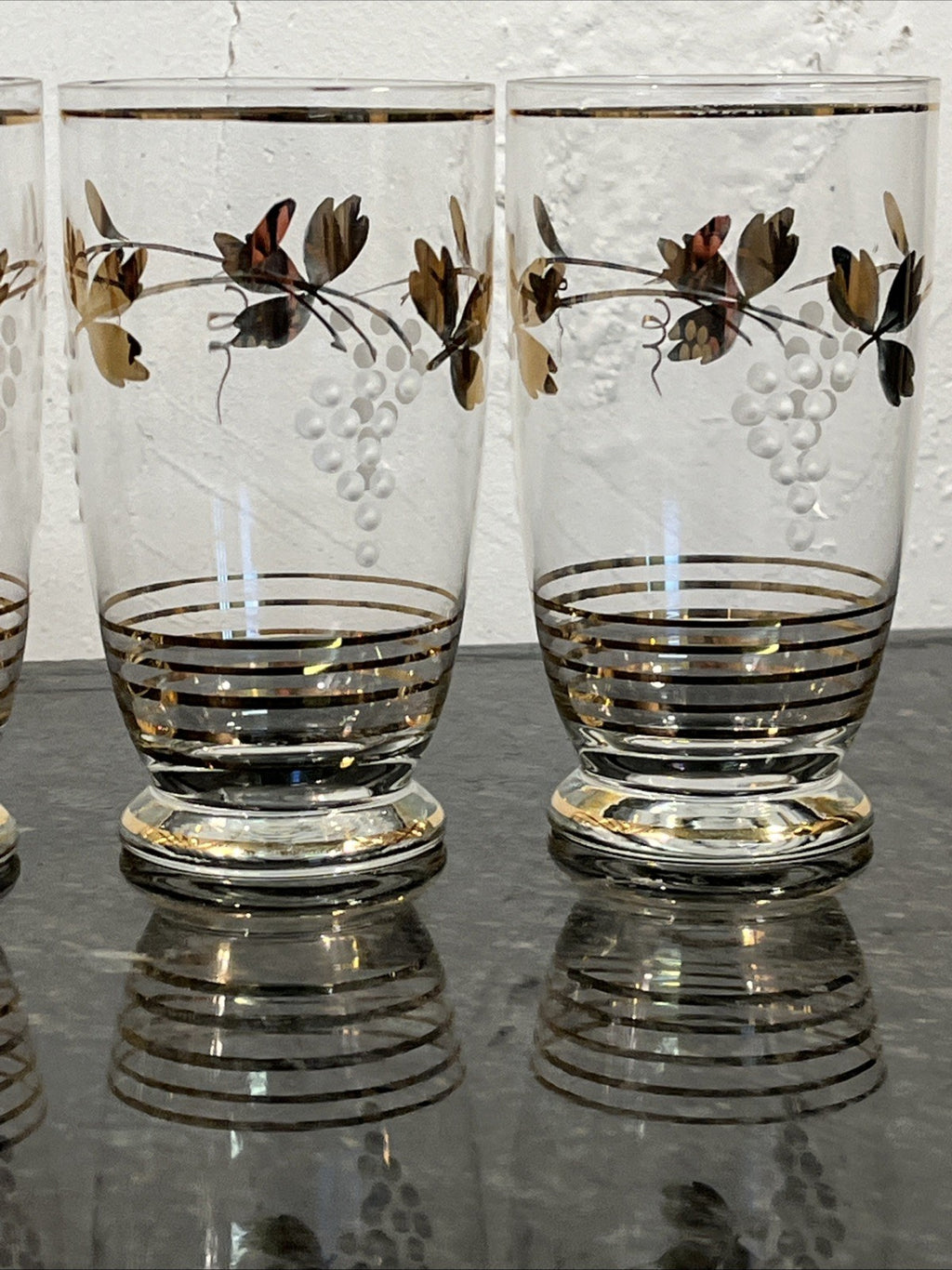 Vintage Gold Gilt Grape Motif Highball Glasses Set Of 4