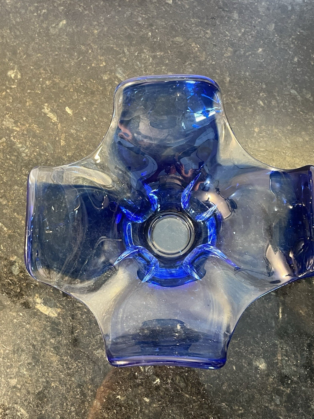 Vintage Czech Chřibská Style Hand Blown Blue Cased Art Glass Freeform Bowl