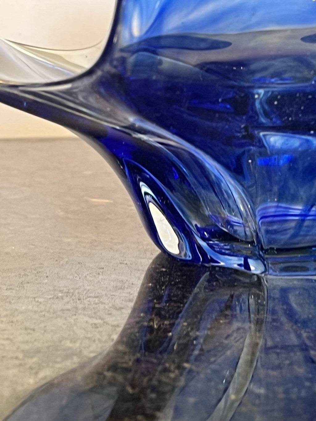 Vintage Czech Chřibská Style Hand Blown Blue Cased Art Glass Freeform Bowl