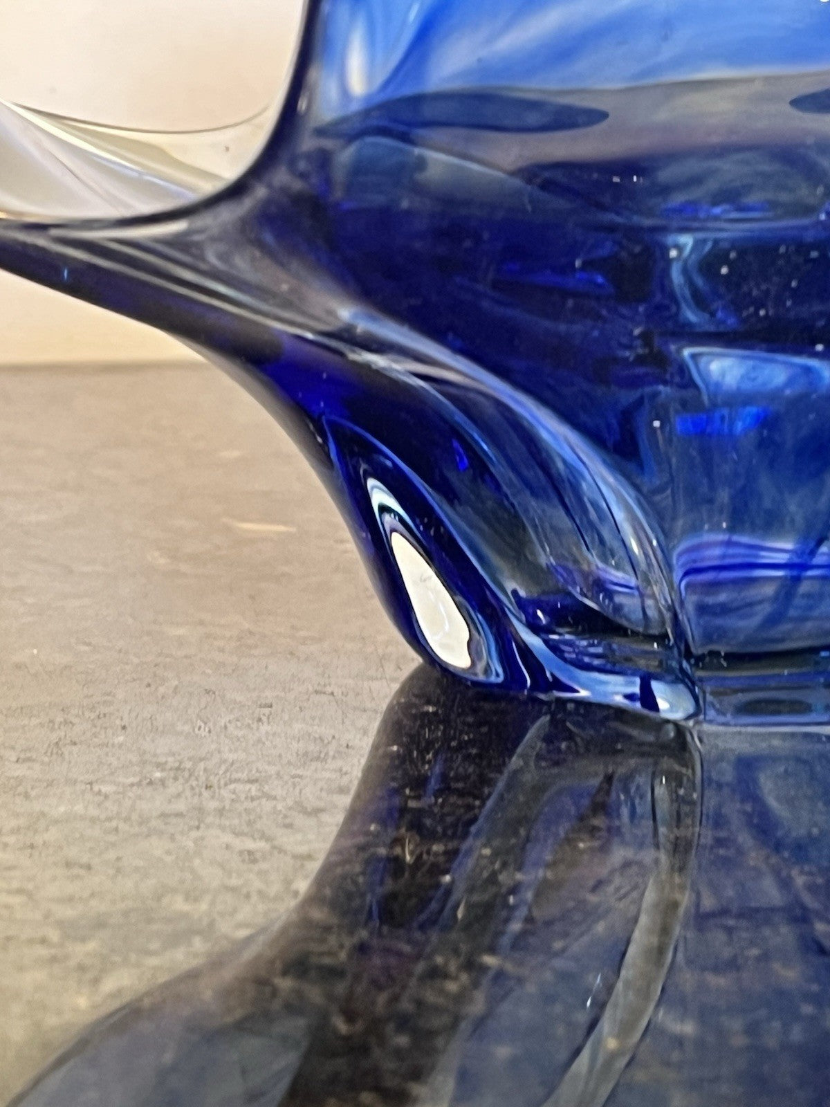 Vintage Czech Chřibská Style Hand Blown Blue Cased Art Glass Freeform Bowl