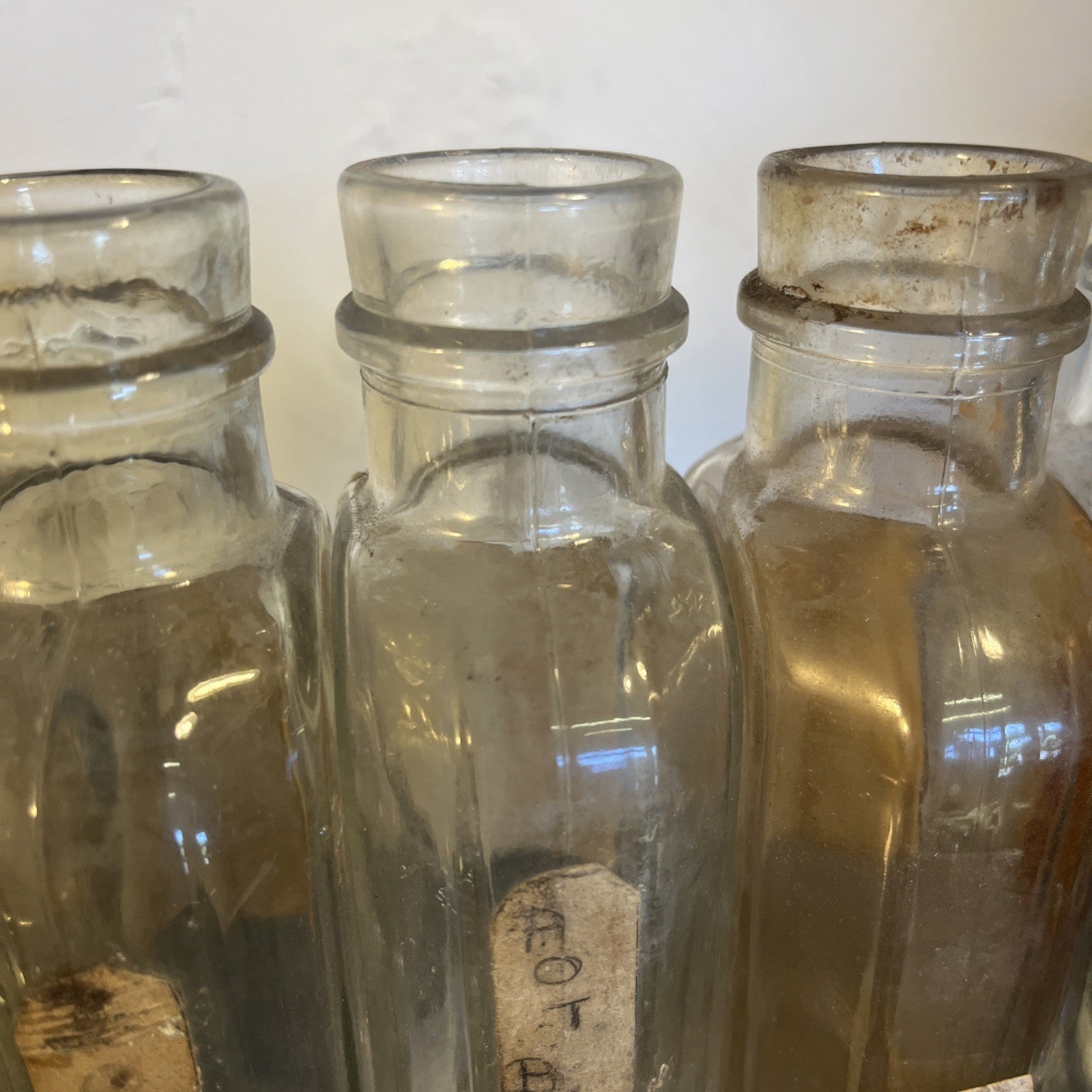 Antique Chemist Bottles Apothecary Pharmacy Labels Glass Set of 8 B.P.