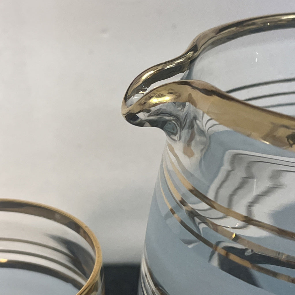 Vintage Mid Century Frosted Glass Jug and 5 Tumblers Gilt Bands