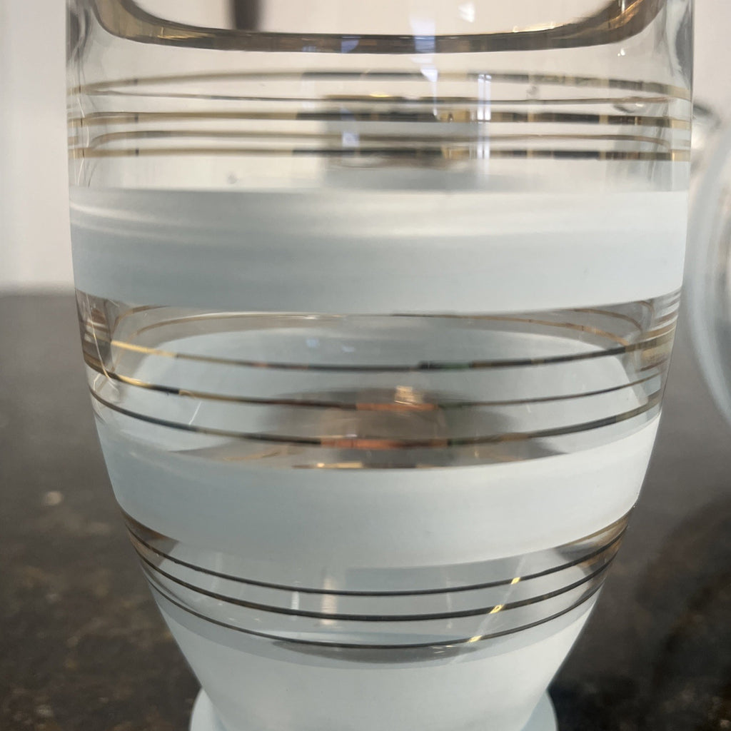 Vintage Mid Century Frosted Glass Jug and 5 Tumblers Gilt Bands