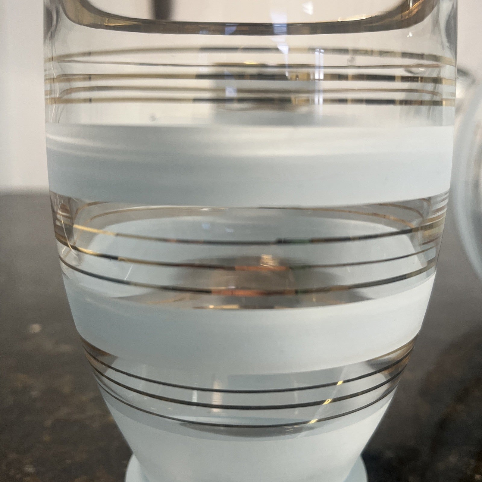 Vintage Mid Century Frosted Glass Jug and 5 Tumblers Gilt Bands