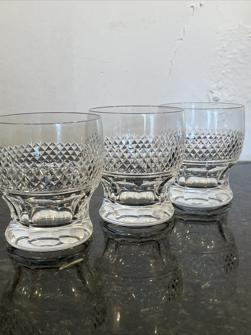 Cut Crystal Whisky Tumblers Diamond Pattern Heavy Base Set Of 3