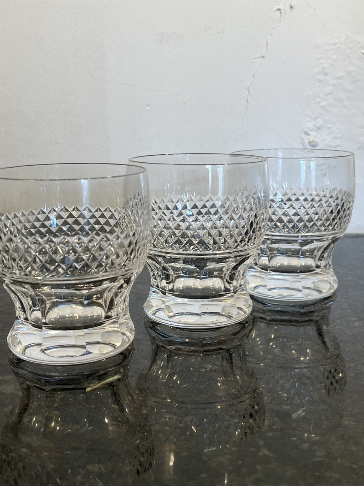 Cut Crystal Whisky Tumblers Diamond Pattern Heavy Base Set Of 3