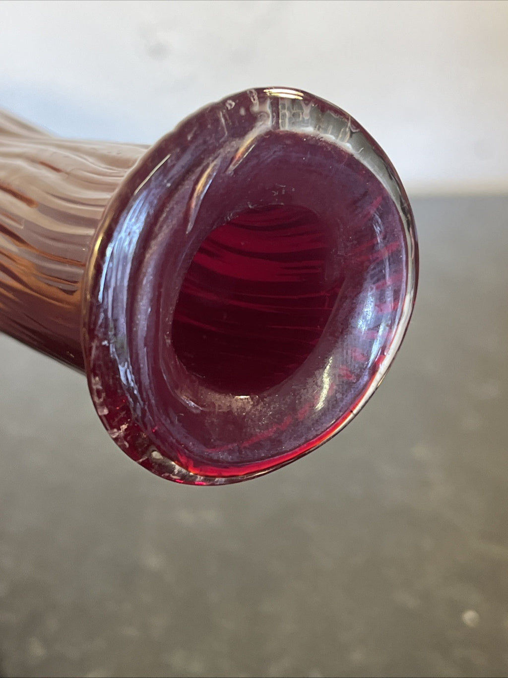Empoli Ruby Red Genie Bottle Vase Italian Art Glass MCM Ribbed Decanter 46cm
