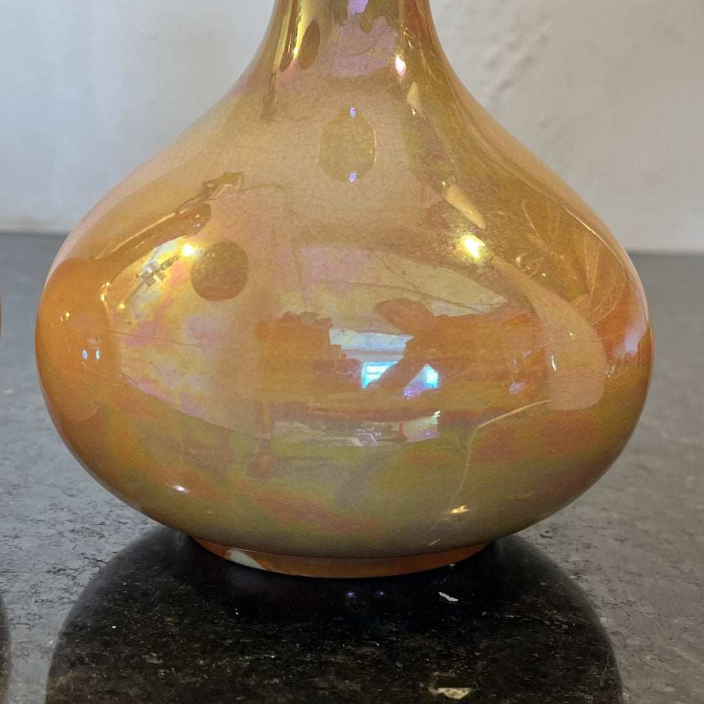 Pair Devon Ware Fieldings Lustre Vases Orange Iridescent Stoke