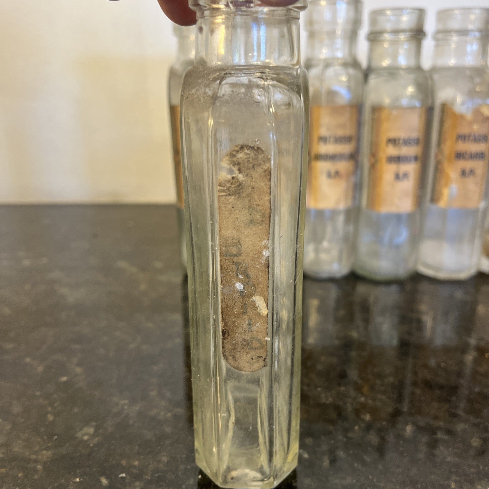 Antique Chemist Bottles Apothecary Pharmacy Labels Glass Set of 8 B.P.