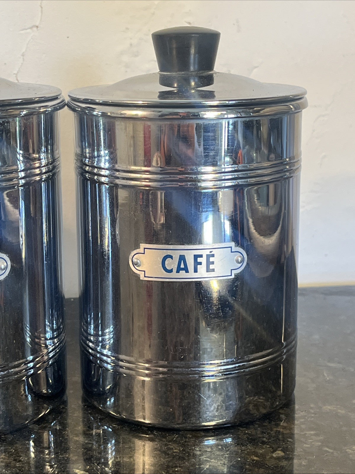 set of 3 VINTAGE French chrome-plated copper CANISTERS - RETRO 1960's