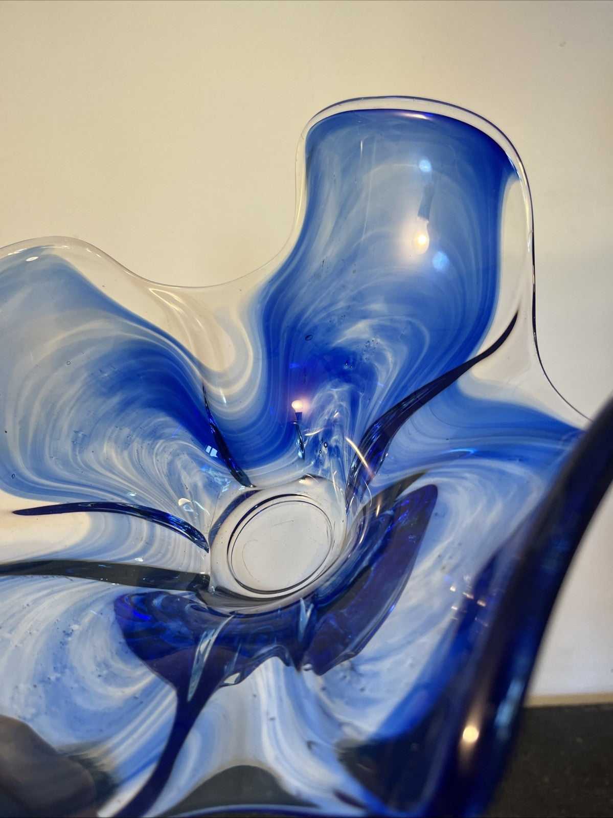 Vintage Czech Chřibská Style Hand Blown Blue Cased Art Glass Freeform Bowl