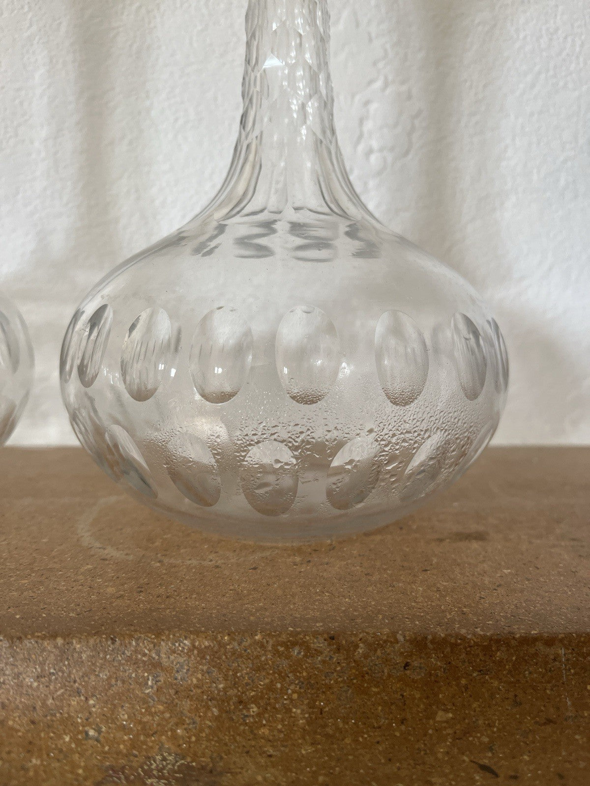 Vintage Cut Glass Decanter Pair Globe Shape Etched Oval Pattern Stoppers