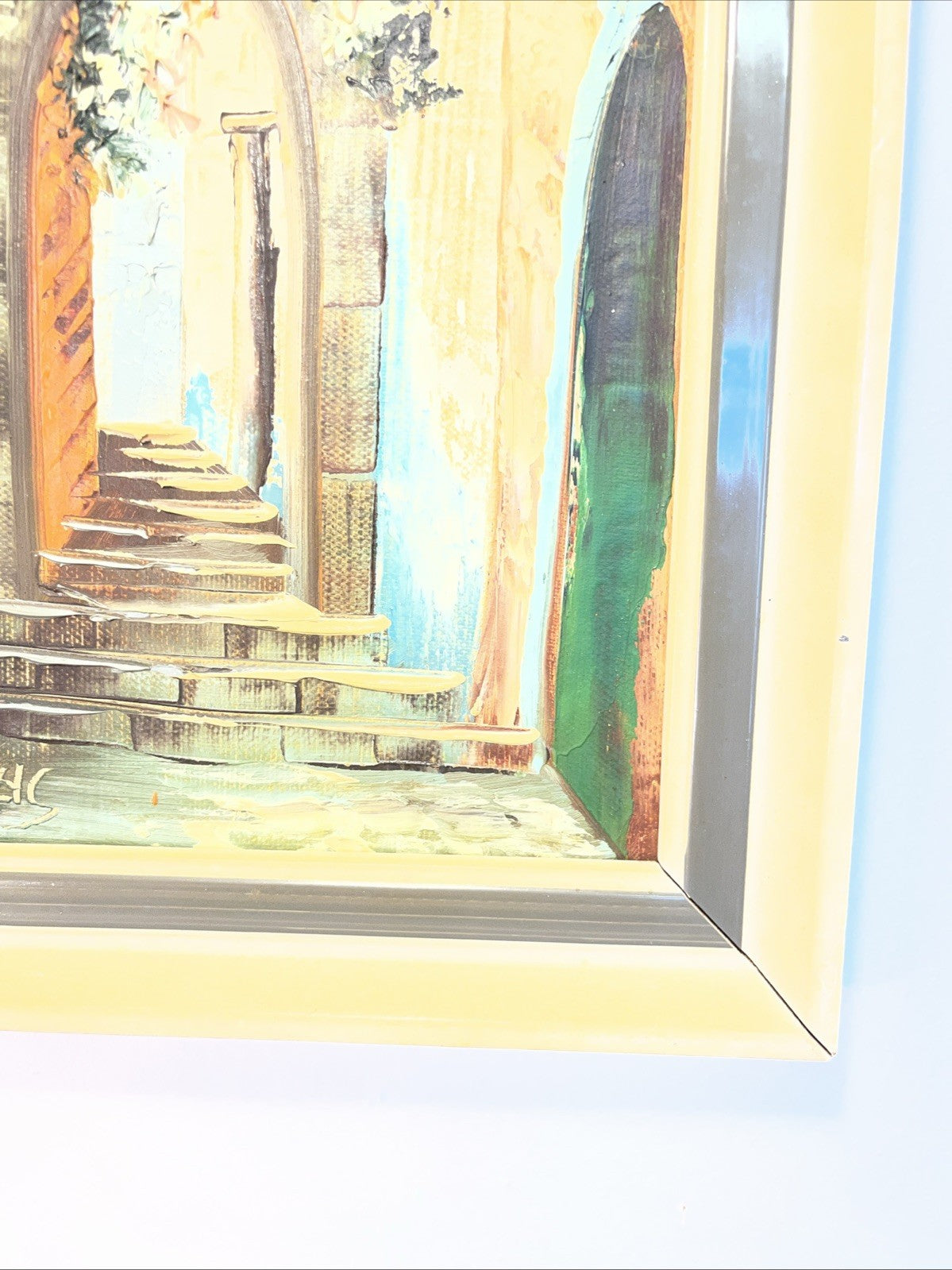 A Lucas Venetian Town View Oil Painting Framed Mid Century Street Scene