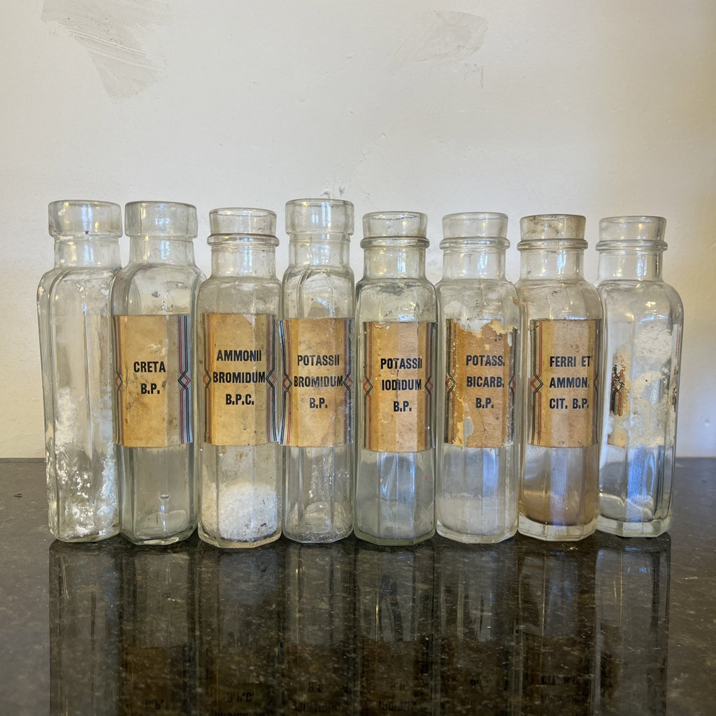 Antique Chemist Bottles Apothecary Pharmacy Labels Glass Set of 8 B.P.