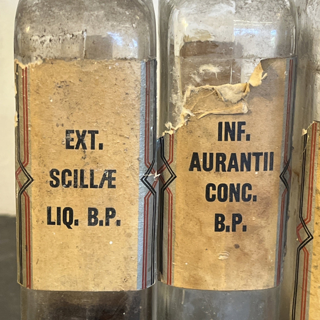 Antique Chemist Bottles Apothecary Pharmacy Labels Glass Set of 4 B.P.