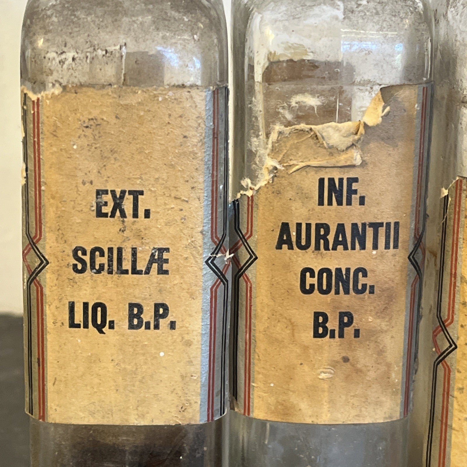 Antique Chemist Bottles Apothecary Pharmacy Labels Glass Set of 4 B.P.